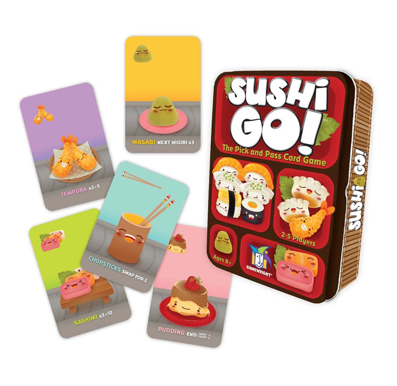 Sushi Go! comes in a large red tin with the sushi characters on the outside; there are five cards with muted colors in purple, green, blue, pink, and yellow with different character cards such as wasabi, tempura, and chopsticks