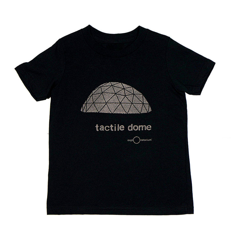A black shirt with a  geodesic half-dome in reflective ink with tactile dome and Exploratorium also in reflective ink are printed below.