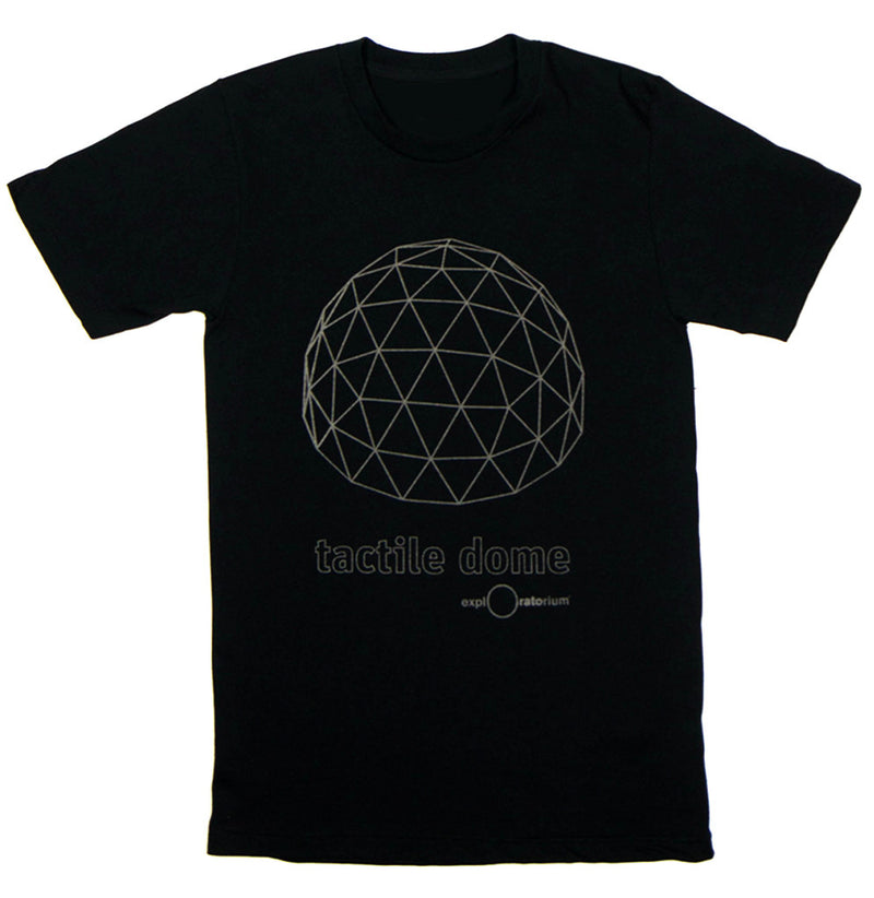 A black shirt with a  geodesic half-dome in reflective ink with tactile dome and Exploratorium also in reflective ink are printed below.