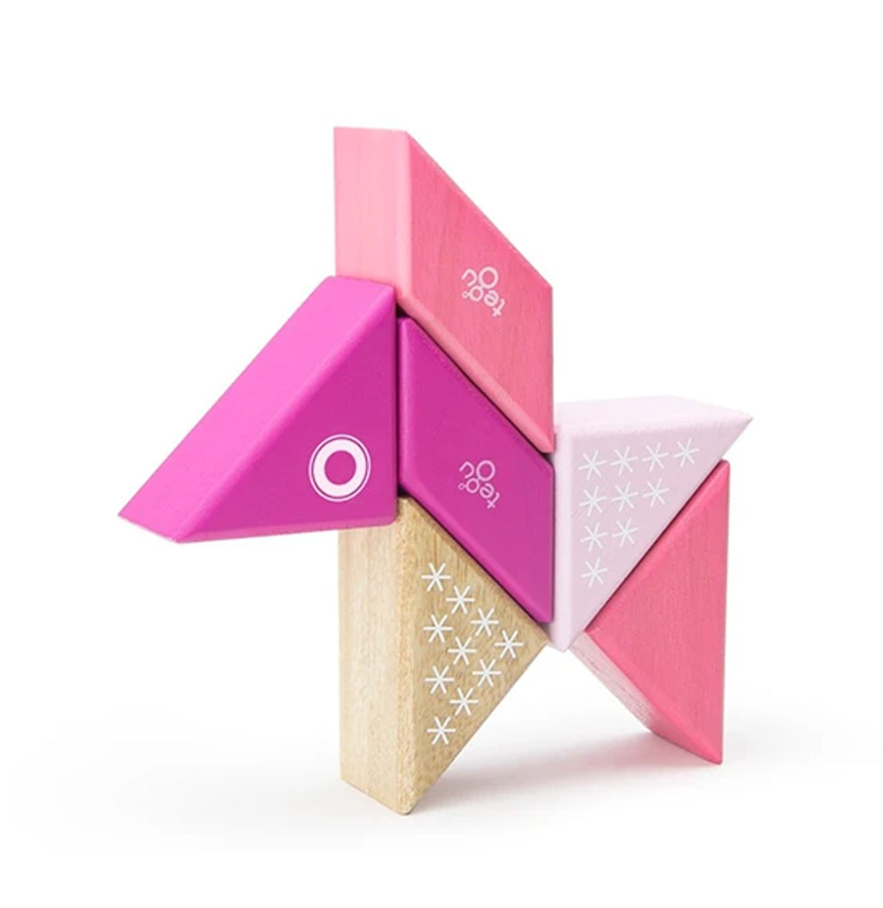 Shades of pink, white and natural in triangles and parallelograms create a horse.