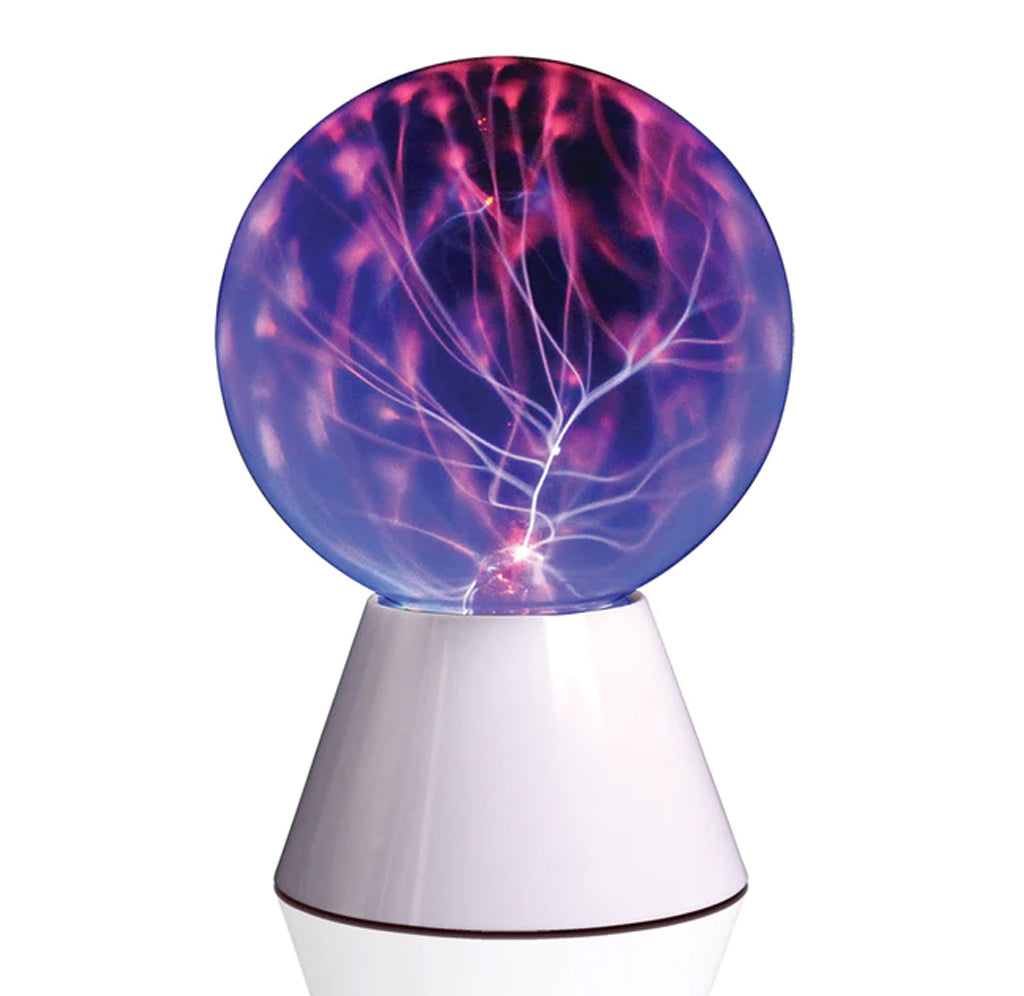 An 8" colorful plasma orb cursing with electricity in pink and purple sits atop the white base of the lamp. 