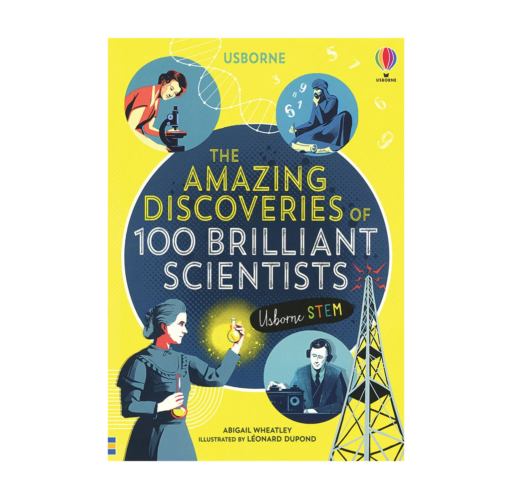 Blue and yellow cover showing four scientists and their discoveries.