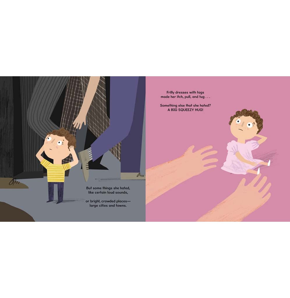 A layout page shows Dr. Temple Grandin as a young child out in the world. On the left panel, she displays a sensitivity to sound and the right to touch. The colors are muted blues, pinks, and grays.