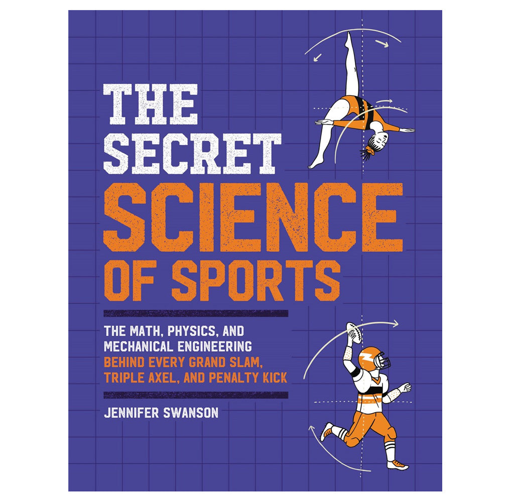 The book cover is purple, orange, and white; two drawings of young athletes, one is a gymnast, and one is a football player.