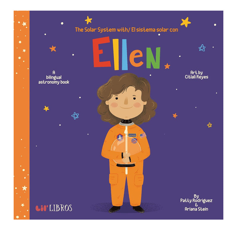 An illustration of Ellen standing in front of the night sky in her orange space suit, holding her helmet.