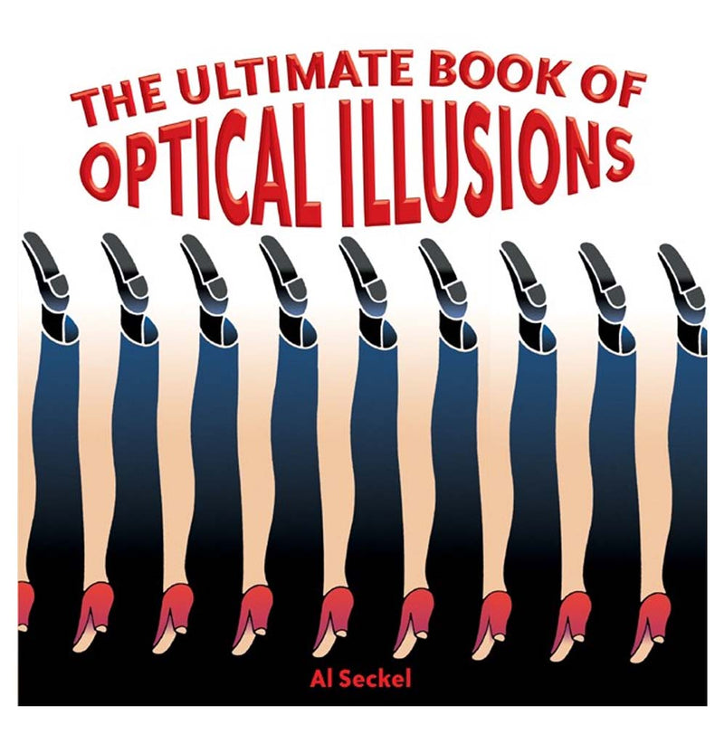 "The Ultimate Book of Optical Illusions" is a softback copy with a white cover; contrasting legs create an optical illusion.