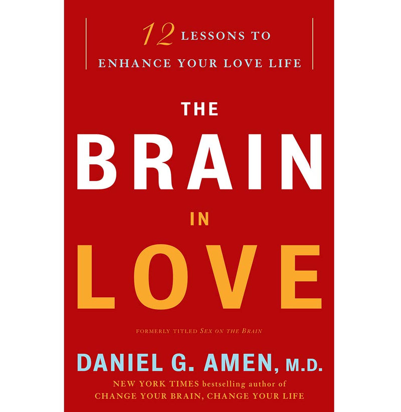 "The Brain in Love" has a red book cover with the top half in white font and the bottom half in yellow font.