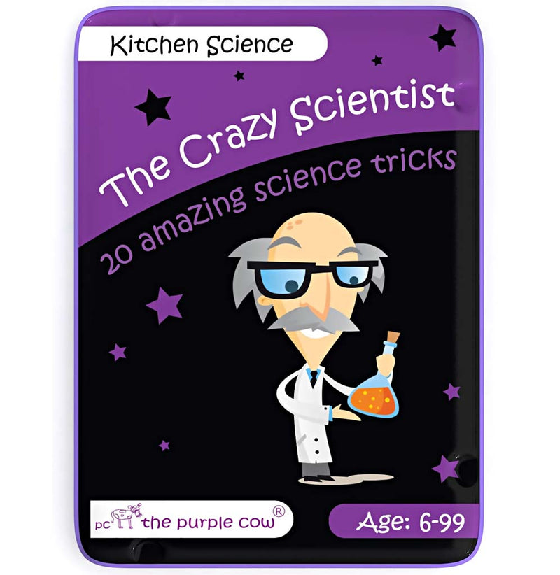 The kit is in a small metal tin; it is black and purple with a scientist holding a science flask full of yellow liquid.