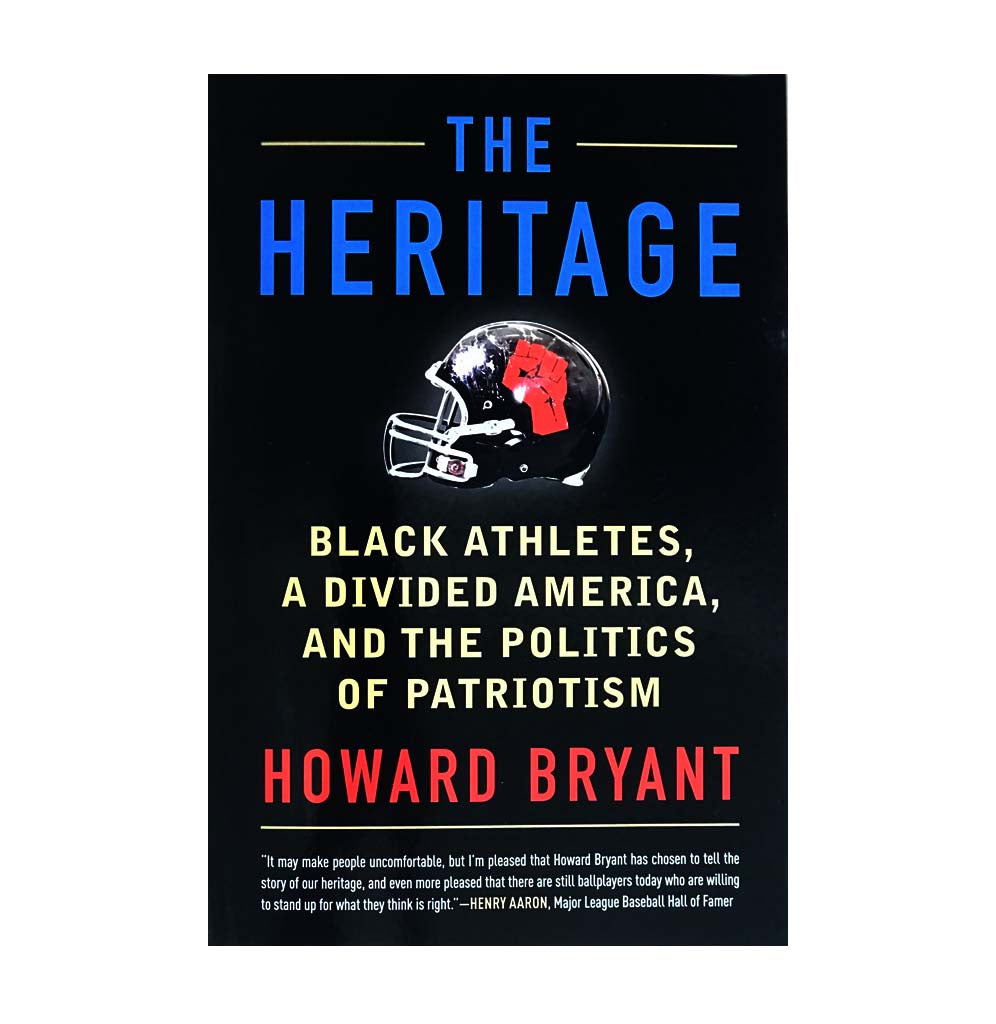 "The Heritage" is a paperback book with a black cover; a black football helmet is placed in the middle of the book with a red clenched fist upon it.