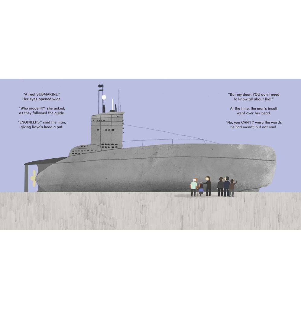  The book's layout page shows a large submarine against a blue-gray background with a couple of people standing in front of it, showing the magnitude of the submarine.