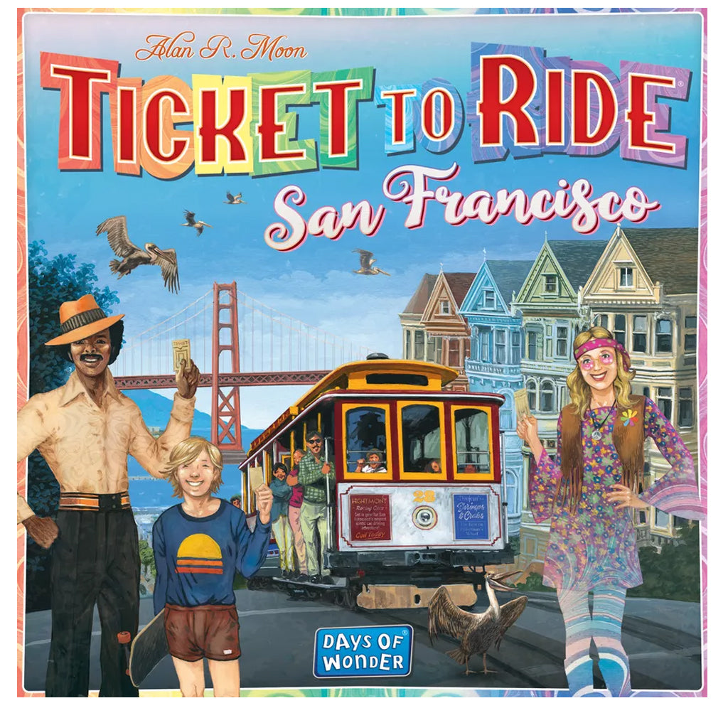 An image captured of San Francisco in the 1960s. Three people are standing in the front holding their cable car tickets dressed in 60s-style clothing. The cable car, Golden Gate Bridge, and Painted Ladies'  Victorian houses showcase iconic San Francisco.