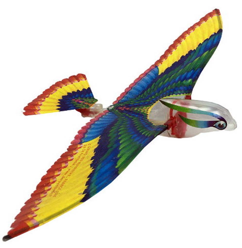 There is blue, green yellow and red bird  with its wings spread out in flight made from mylar and nylon, the head is clear plastic,