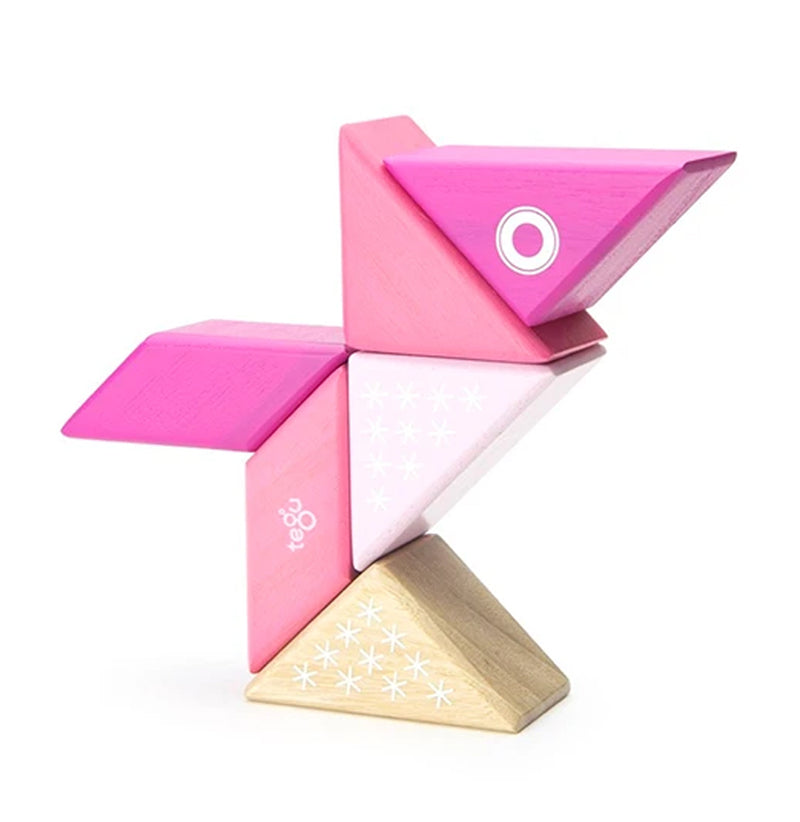 Shades of pink, white and natural in triangles and parallelograms create a bird.