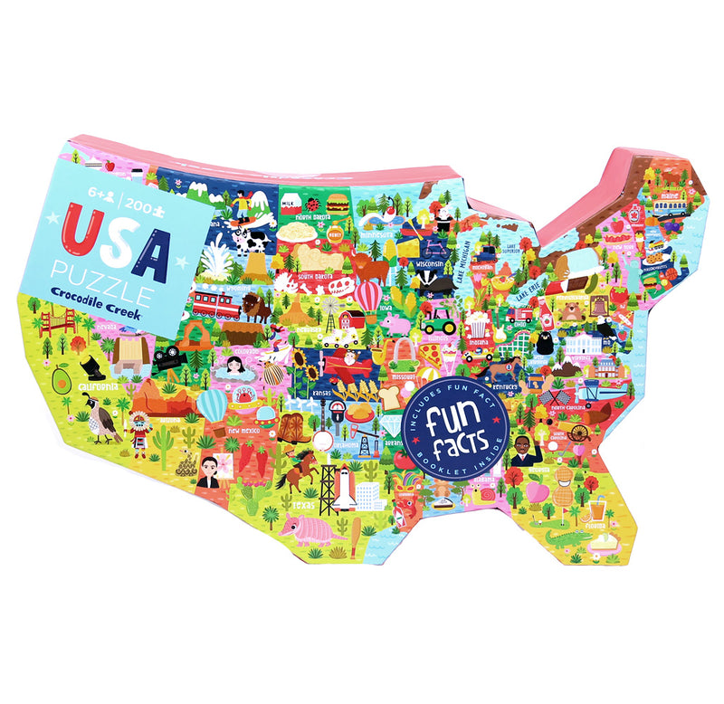 The puzzle box is shaped like the United States, with each state represented with bright colors and iconic symbols such as the Golden Gate Bridge and quails for California. 