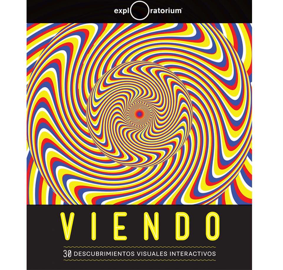 The book's softcover surface contains swirling lines of blue, white, gold, and red that create a swirling optical illusion. The trim is black; the text is white and gold. 