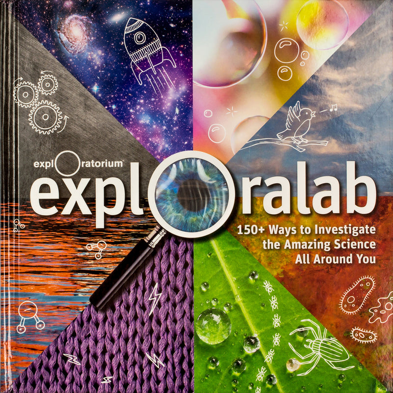 This hardcover book is separated into eight triangular shapes outward from the middle each triangular shape has an image from nature, such as a starry sky a closeup of water on a leaf or wood grain. The name "Exploralab" is across the cover with a magnifying glass in the place of the O.