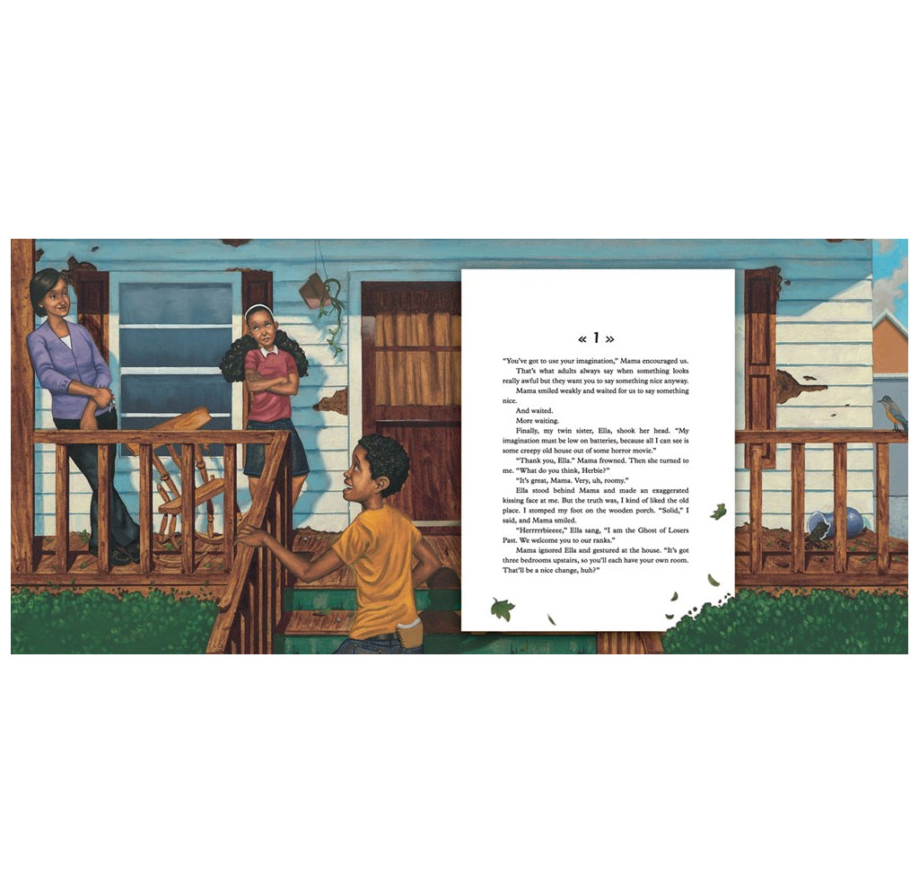 A layout page from the book features a young man outside his home chatting with his mom and sister on the porch.