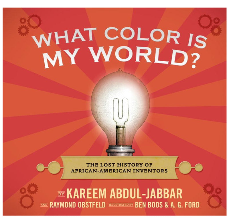 "What Color is My World" has a red cover with radiating lines from t a glowing light bulb. I'm in the middle.
