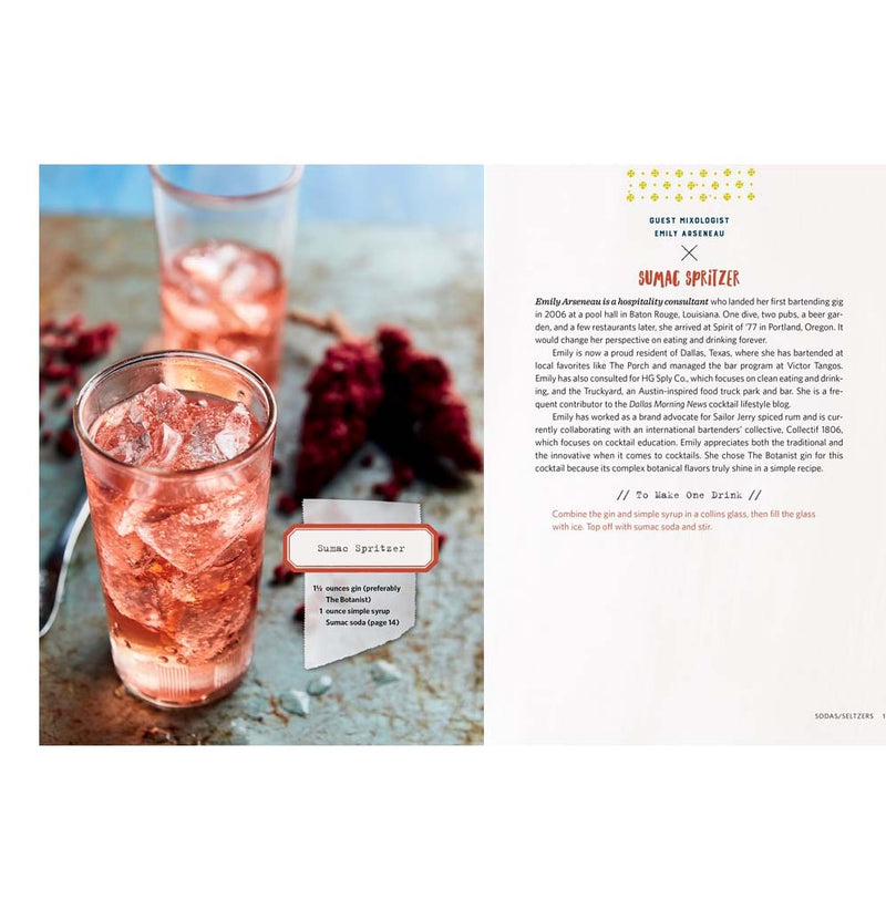 Layout from the book depicts a sumac spritzer, a pink bubbly drink in a tall glass on a table with sumac berries. Text is on the right page.