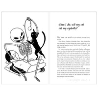 A layout page with a Grimm-style pen illustration of a skeleton of a woman leaving her body to grab her eye from the black cat.