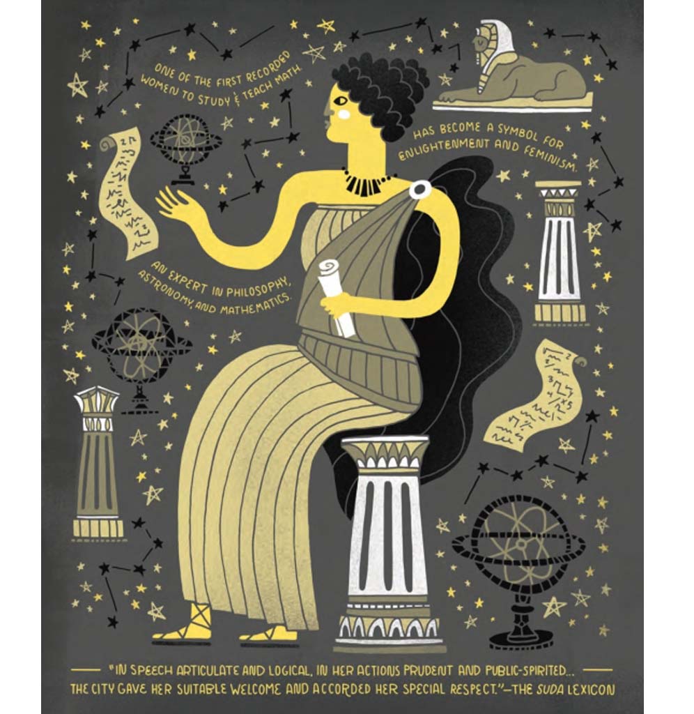 Cleopatra is illustrated in yellow against a dark gray background with iconic images from her reign, such as The Great Sphinx of Giza.