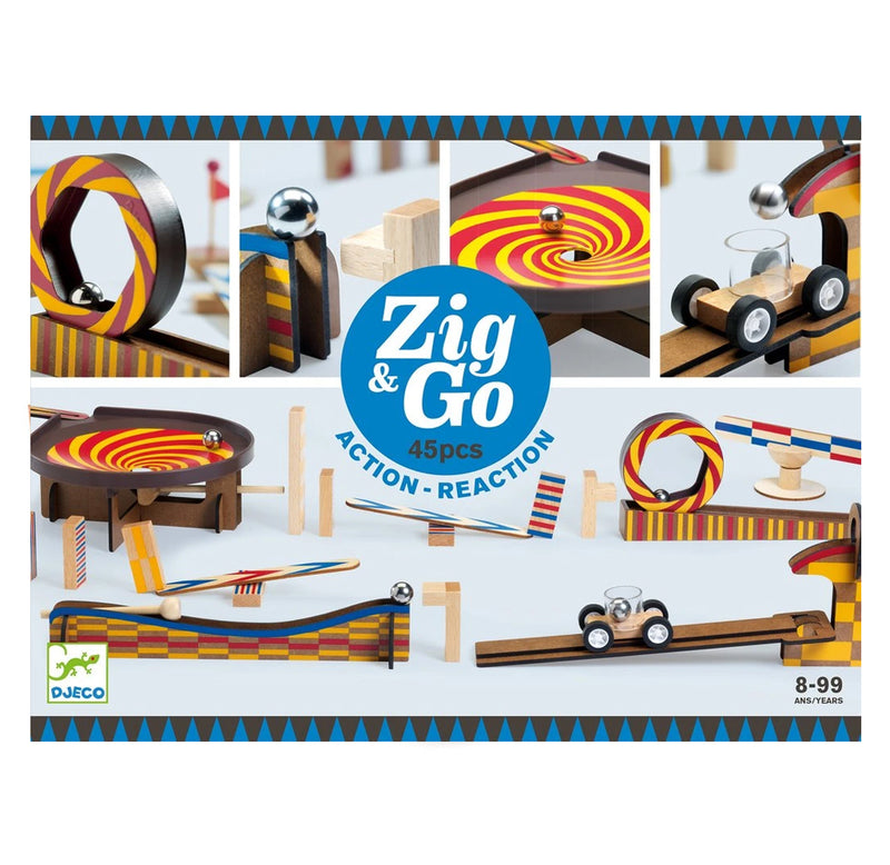 Blue box with close-up images of the components to create the chain reactions. Including a wooden car,  a circular loop, blocks, ramps, sticks, and steels balls.