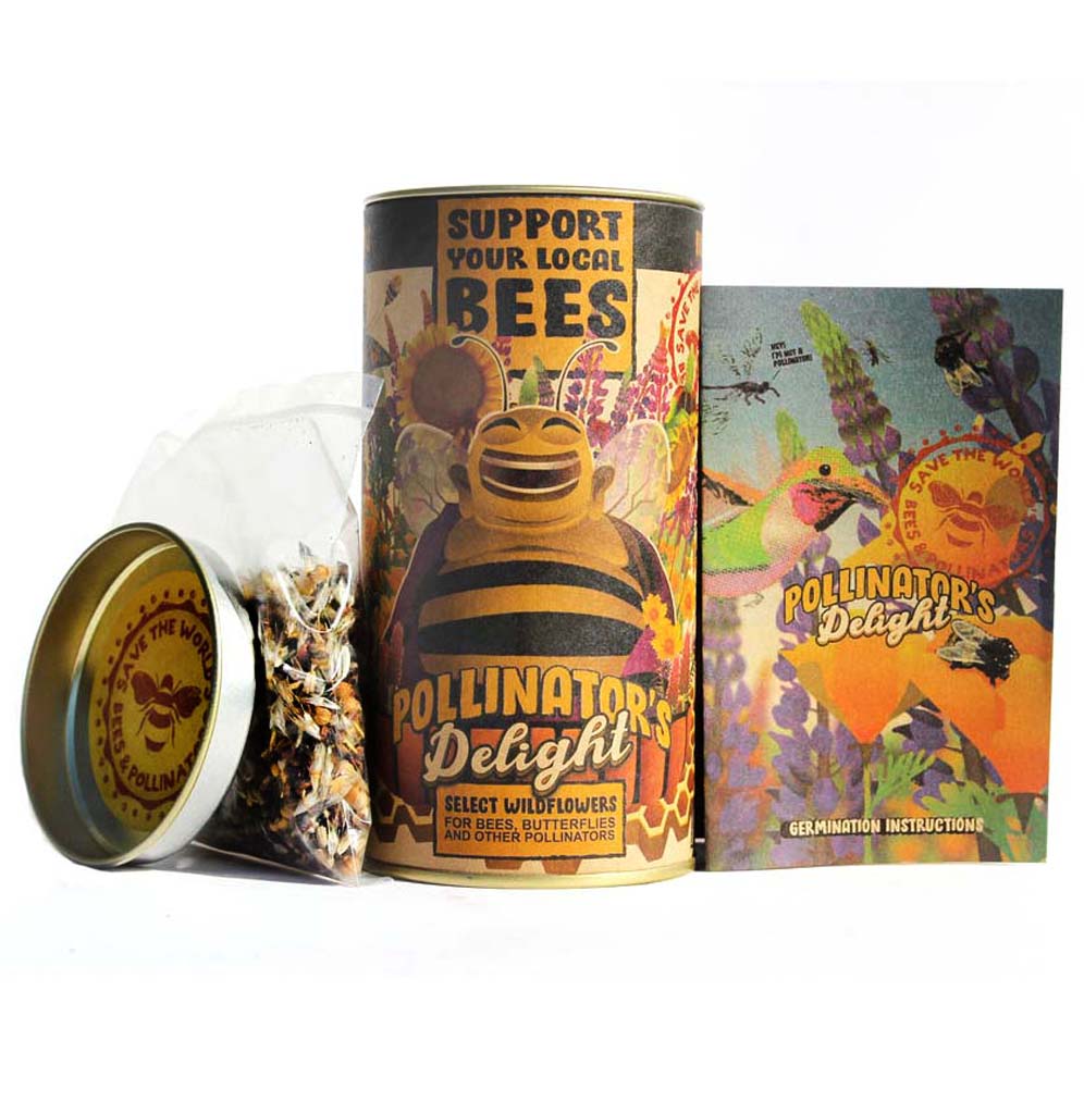 The product box is a small tube with a large illustration of a bee with loads of flowers behind it; the lid is off and to the side to show the seeds, and a companion booklet sits to the side.