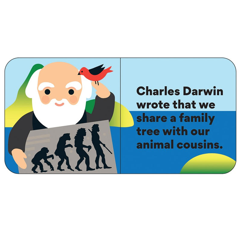 Layout from the book. An illustrated image of Charles Darwin holding an image depicting his theory of evolution. Short historical fact on the opposite page