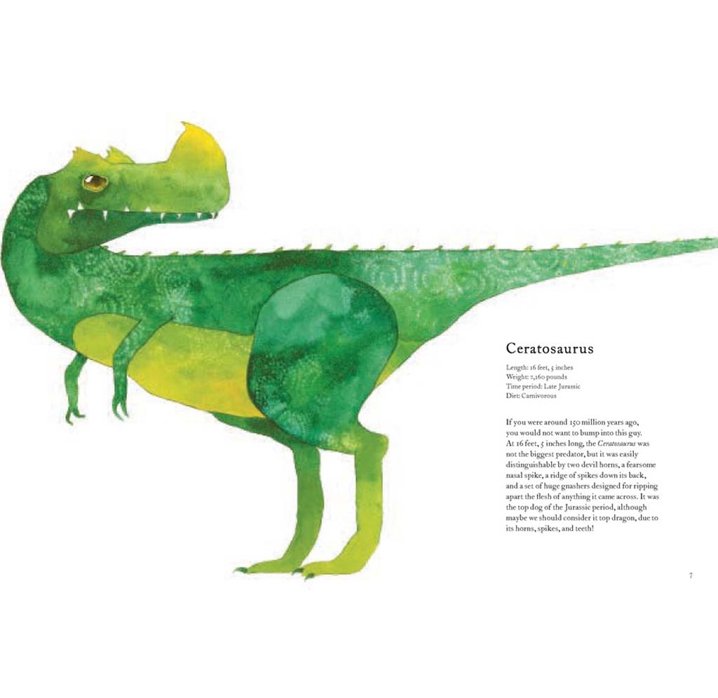 A full two page layout of a watercolor illustration of a green Ceratosaurus. 