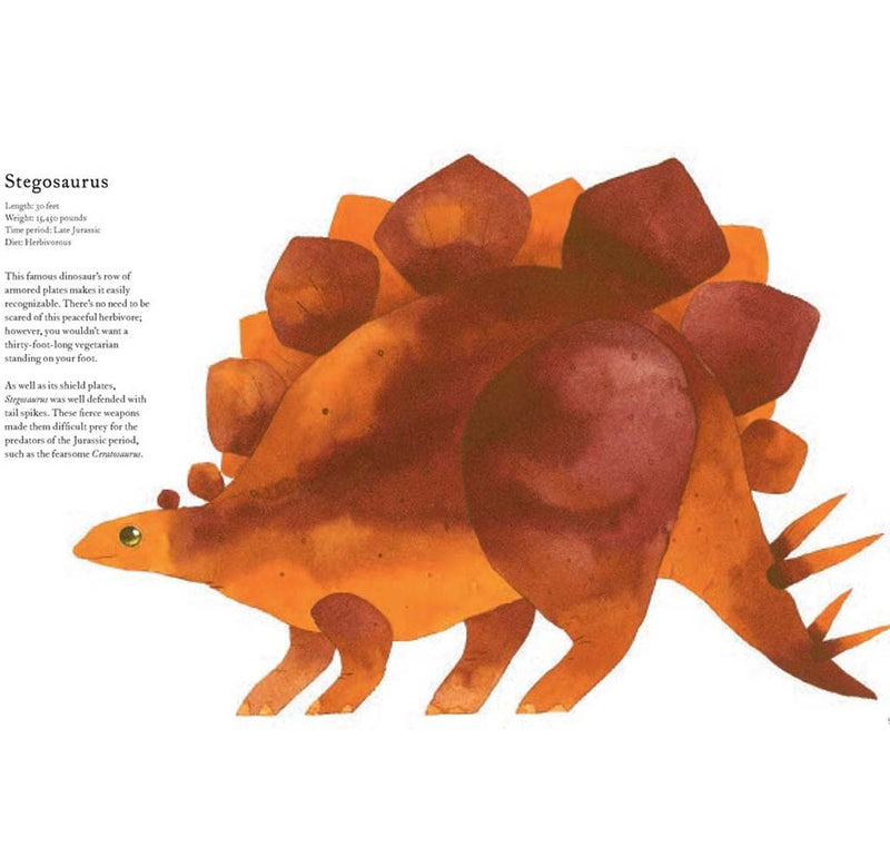 A full two page layout of a watercolor illustration of a red Stegosaurus.