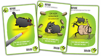 This is an image of three good cards you can receive in Exploding Kittens. They are bright green colored cards that defuse your play situation, via laser pointer features a cat chasing a laser pointer wildly around, catnip sandwiches, Nom nom kitten eating a catnip sandwich, sandwiches flowing in the air, or kitten yoga featuring a man doing yoga with this cat. Illustrated by the folks at The Oatmeal.