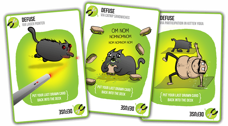This is an image of three good cards you can receive in Exploding Kittens. They are bright green colored cards that defuse your play situation, via laser pointer features a cat chasing a laser pointer wildly around, catnip sandwiches, Nom nom kitten eating a catnip sandwich, sandwiches flowing in the air, or kitten yoga featuring a man doing yoga with this cat. Illustrated by the folks at The Oatmeal.