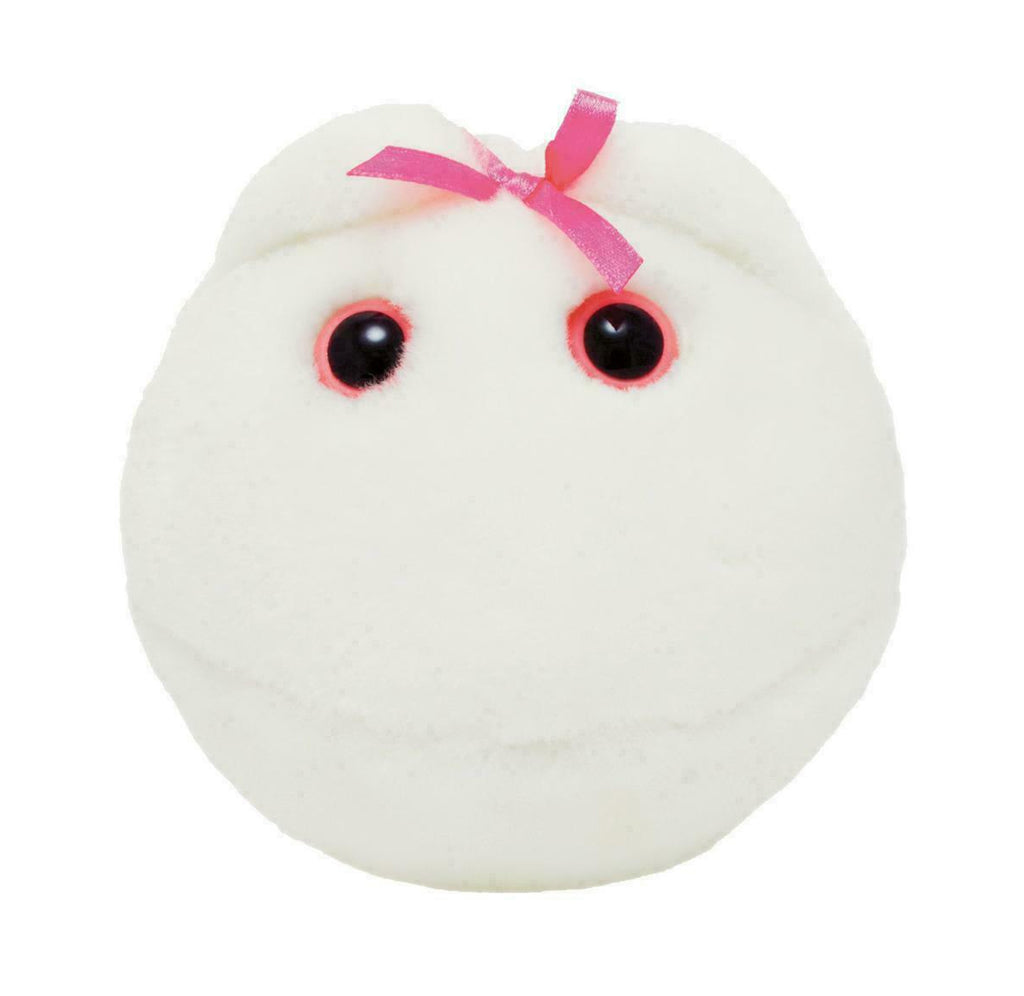 A white plush giant egg cell with two pink and black eyes and a pink bow.