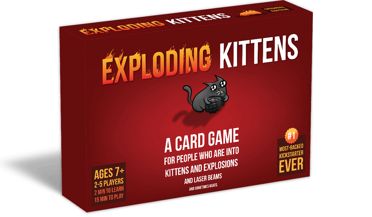 There is a red box that is 4.42" x 6.38". It is dark red with an illustration of a black cat holding a grenade with a petrified look on its face. The font of Exploding in Exploding Kittens is on fire.