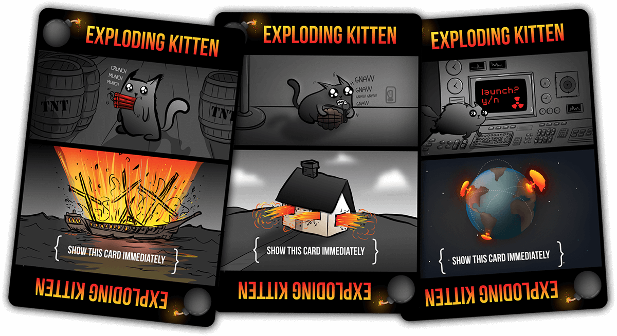 There are three of the bad cards you can receive in Exploding Kittens. They are very dark, and they show various ways in which your kittens can explode. On a ship, in a house, on the planet. Illustrated by the folks at The Oatmeal.