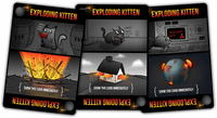 There are three of the bad cards you can receive in Exploding Kittens. They are very dark, and they show various ways in which your kittens can explode. On a ship, in a house, on the planet. Illustrated by the folks at The Oatmeal.