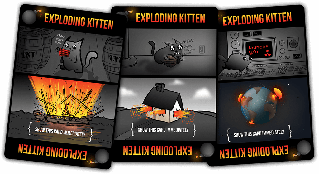 There are three of the bad cards you can receive in Exploding Kittens. They are very dark, and they show various ways in which your kittens can explode. On a ship, in a house, on the planet. Illustrated by the folks at The Oatmeal.