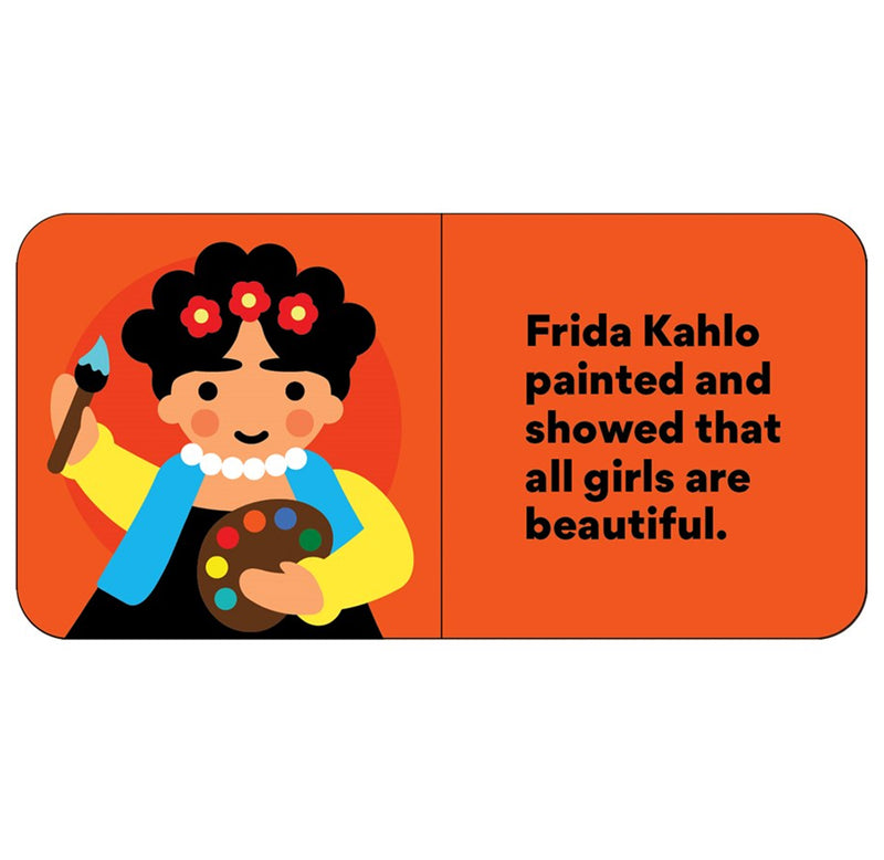 A layout page in red featuring Frida Kahlo, an artist who proved all girls are beautiful.