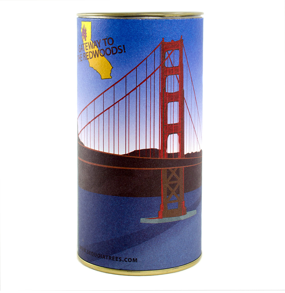 An iconic image of the Golden Gate Bridge over San Francisco Bay with the redwoods gateway is printed in California's upper right corner. The dimensions of the product are 2 1/2" x 5".