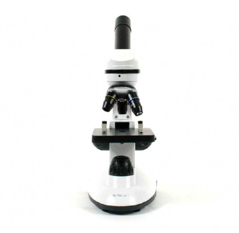 The microscope is 5.1 x 6.1 x 12.2 inches in dimension. It has a white body with black turning knobs, eyepiece, magnifying glass lenses, and a slide mount. Forward facing.