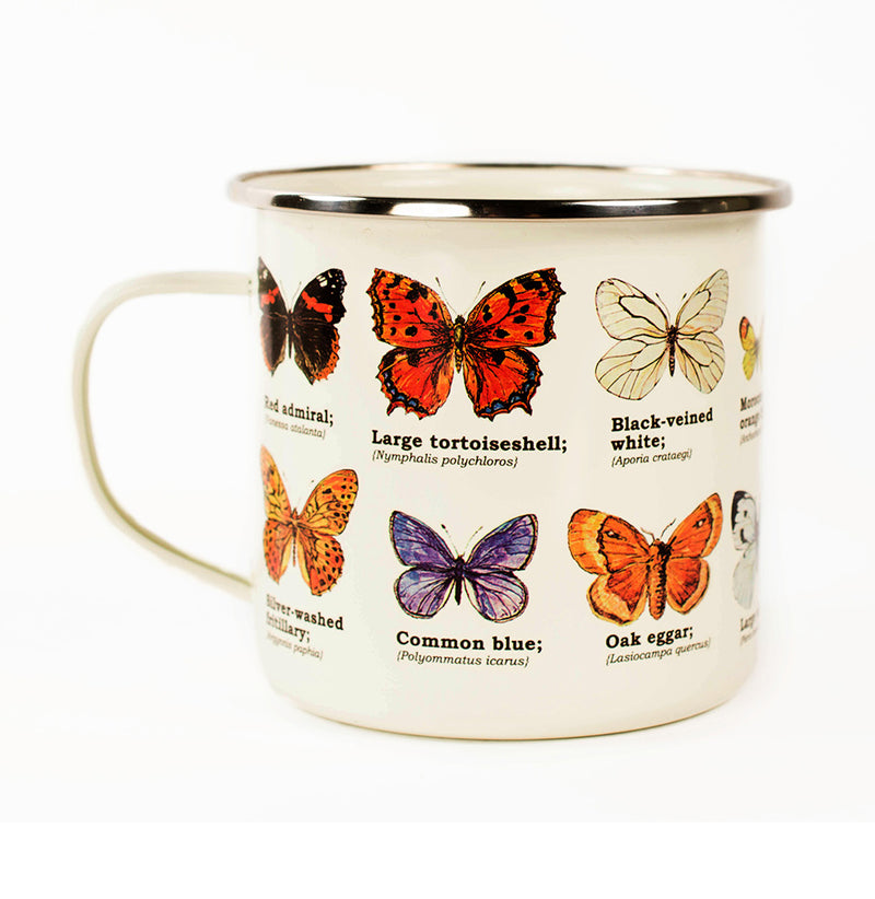 A 15oz enameled butterfly mug. It is a cream color with the common and scientific names under the butterflies.