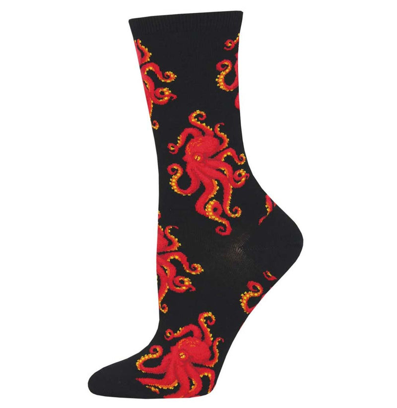 Black sock with red octopuses placed in different spots.